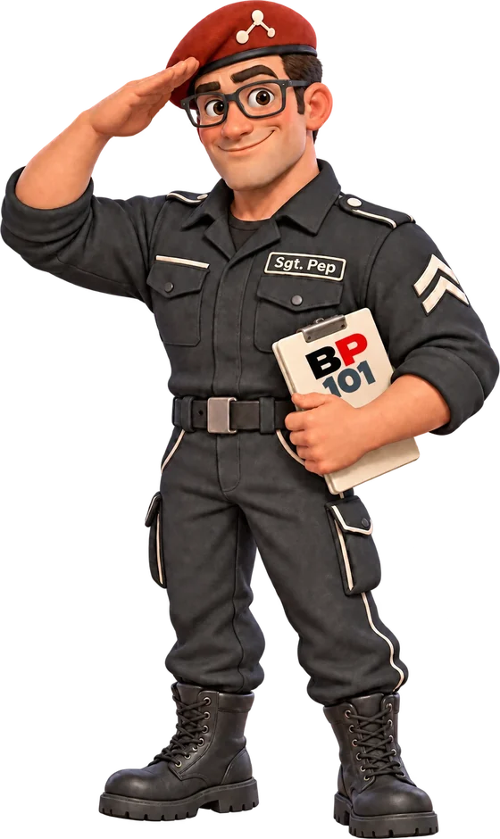 Sergeant Pep, the site's cartoon assistant, saluting and holding a clipboard